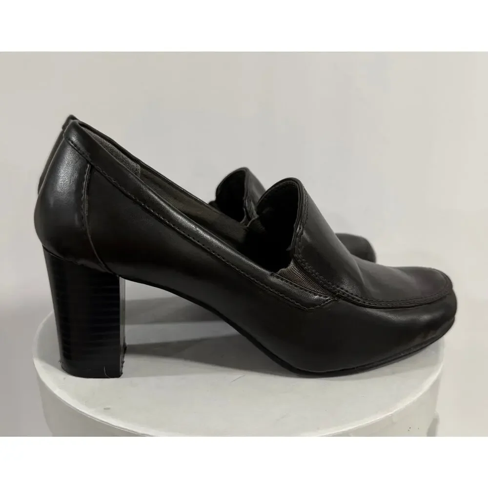 GH Bass Paris Heeled Loafers Black Square Toe Block Heel Office Siren Women's 6M